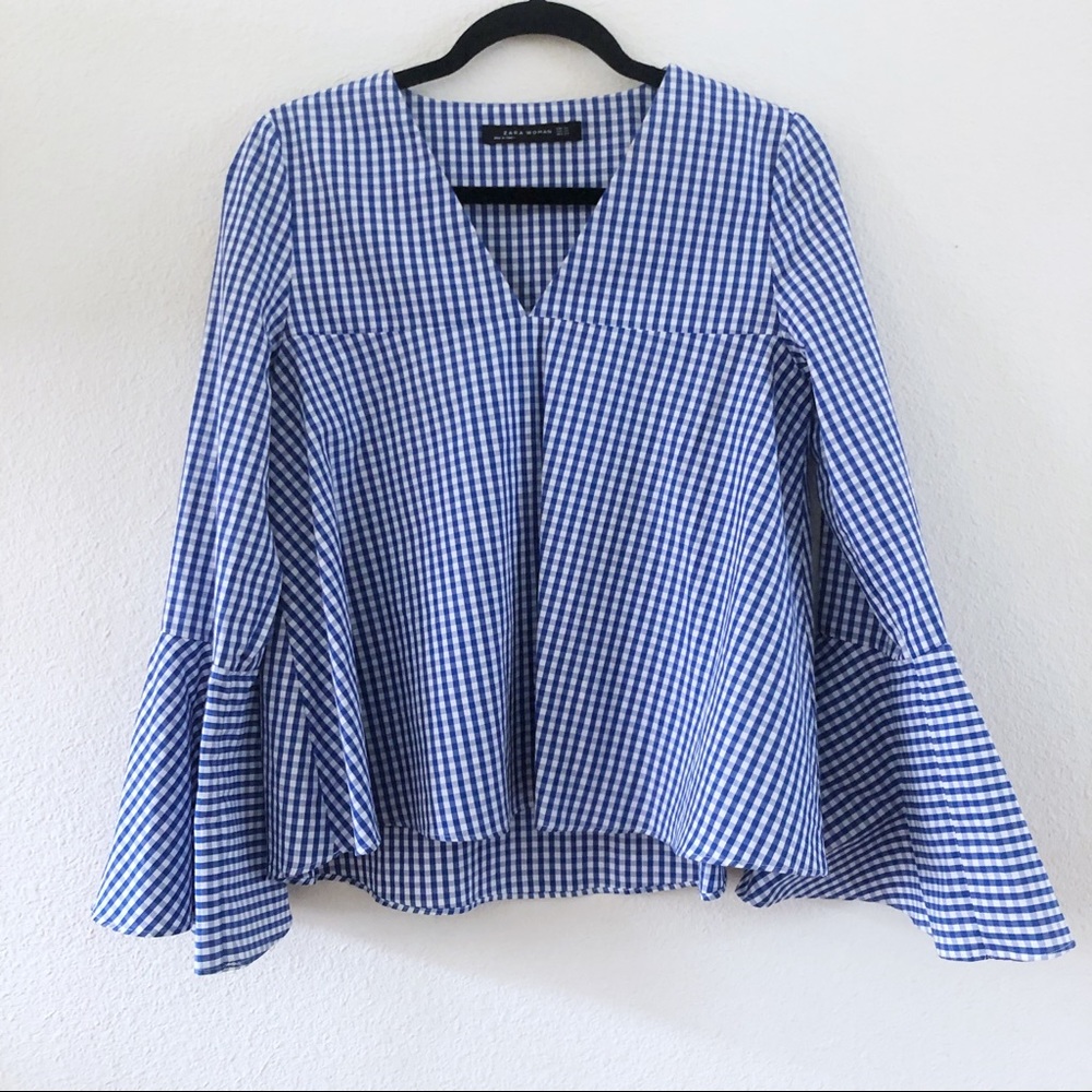 Zara v neck gingham flare sleeve top
